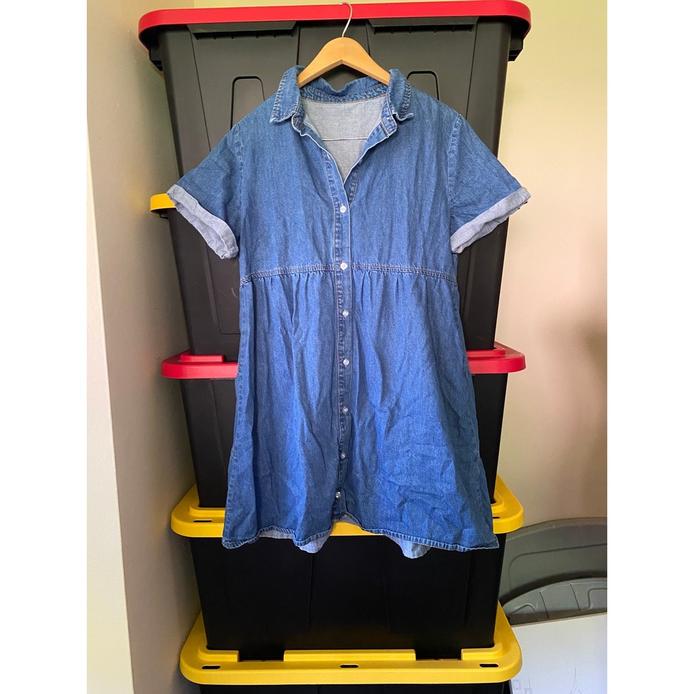 Babydoll Denim Mini Shirt Dress Tiered Short Sleeve Large Blue Boho Western 90s - Picture 2 of 4